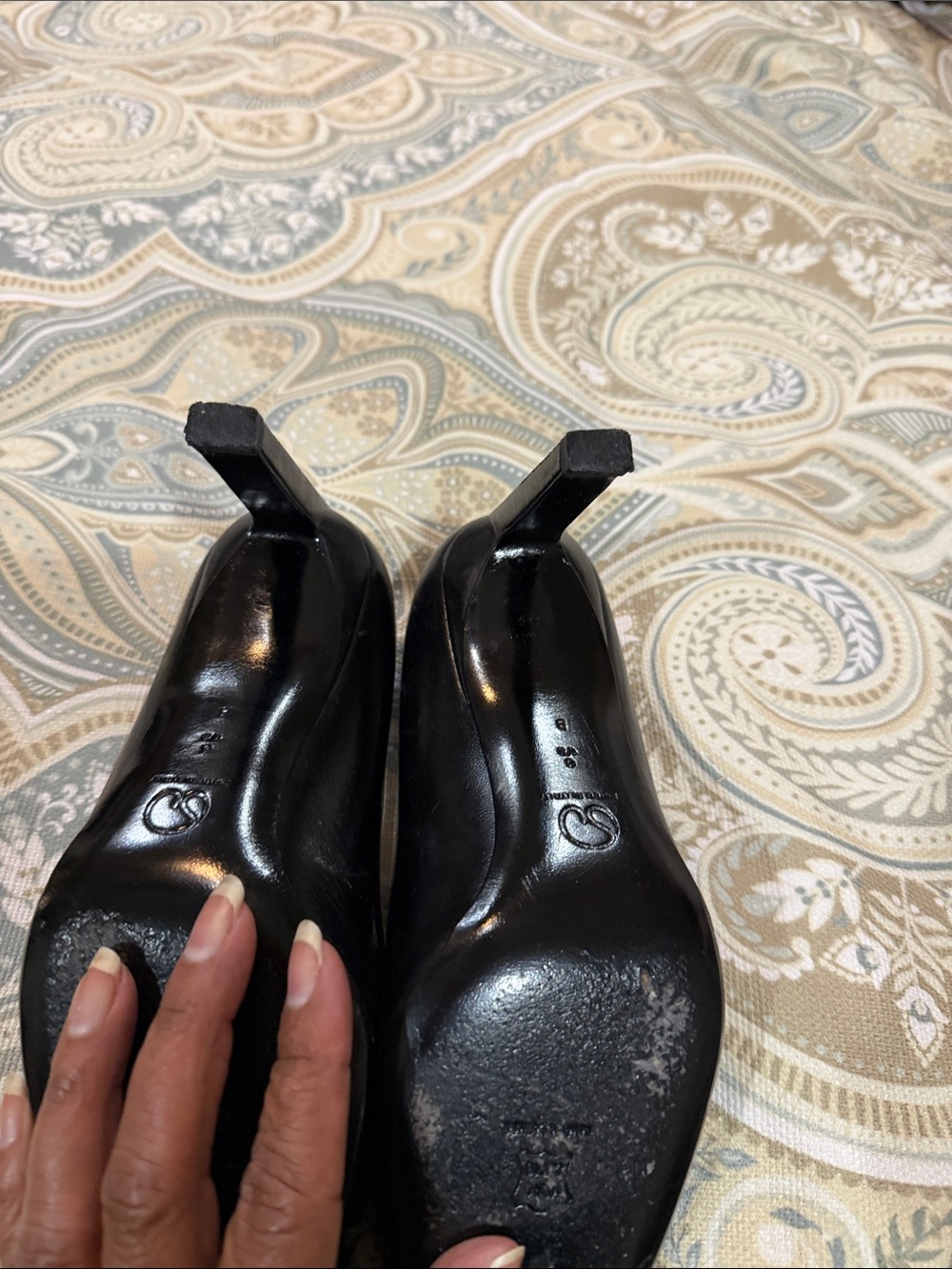 St. John Black Pointed Toe Pumps with Gold Chain Trim - Picture 4 of 5